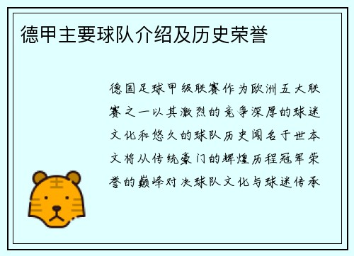 德甲主要球队介绍及历史荣誉