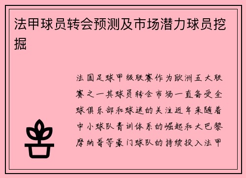 法甲球员转会预测及市场潜力球员挖掘